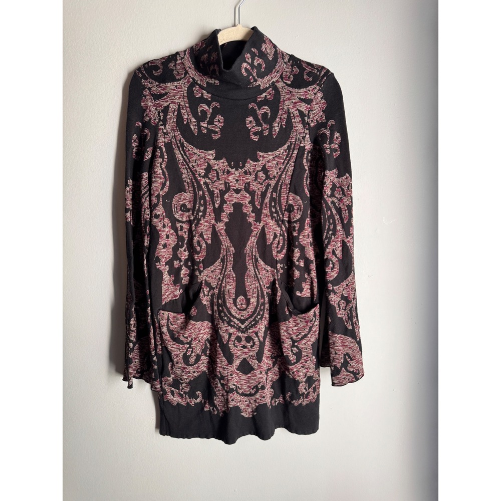 Free People Modern Love Paisley Damask Turtleneck Sweater Tunic Dress Black XS